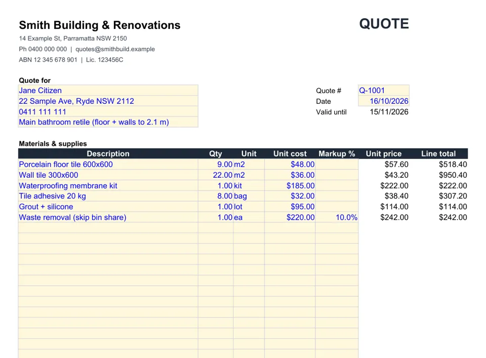Builder quote template in Excel with an example job
