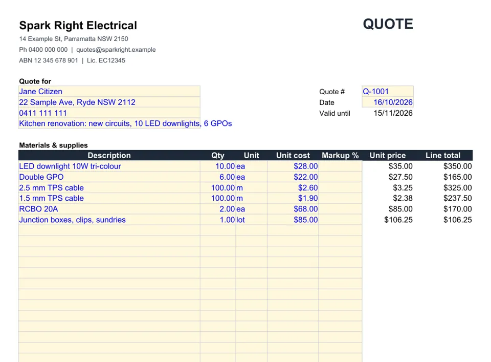 Electrician quote template in Excel with an example job