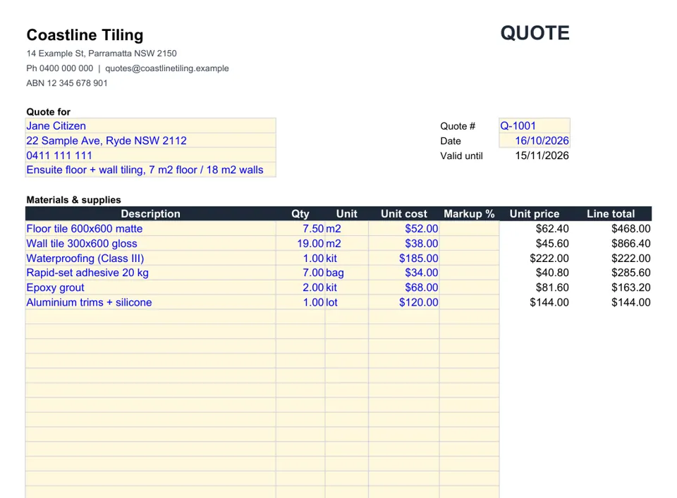 Tiler quote template in Excel with an example job